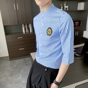 714-9258P45控65/2026夏季男女同款条纹立领工作服衬衫修身制服图片