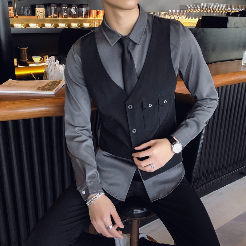 714-H657P55单人制服2025店主风假两件马甲衬衫ktv发型衬衣，男装衬衫，星座714(原C313)