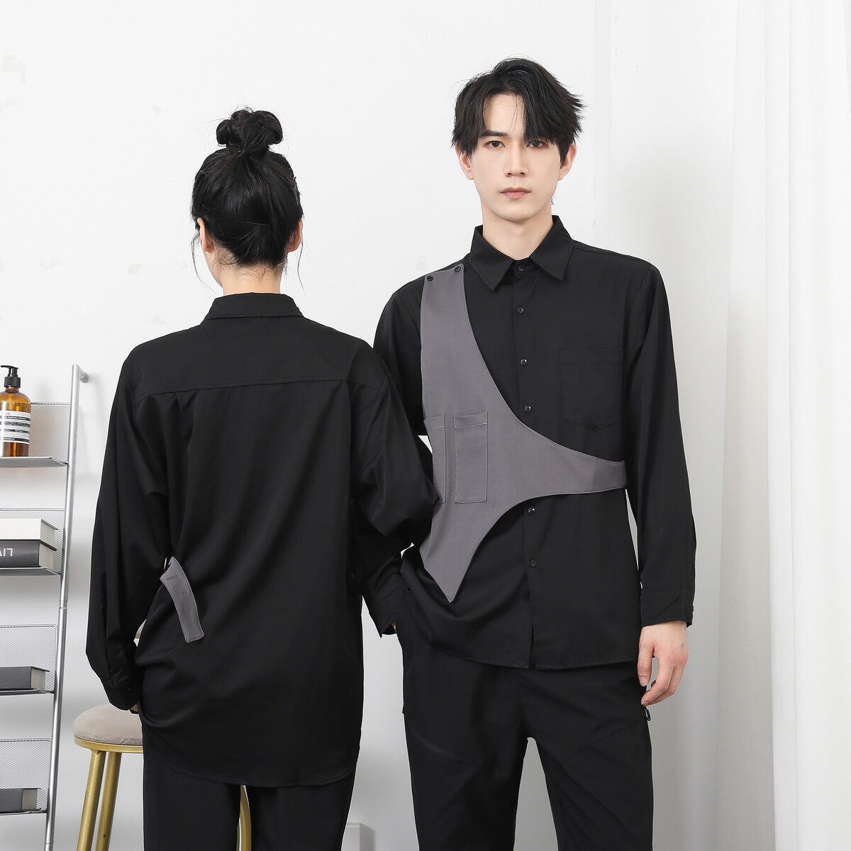 714-H3010P55控79/2025秋长袖衬衫宽松发型师奶茶店工作服假两件,男装衬衫,星座714(原C313)