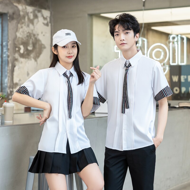 714-D641P45/2025夏季情侣装领带装饰条纹拼接短袖衬衫工作制服,男装T恤,星座714(原C313)