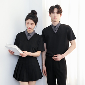 714-D3080P45控69/2025夏季修身工作服衬衫假两件餐厅理发店制服图片