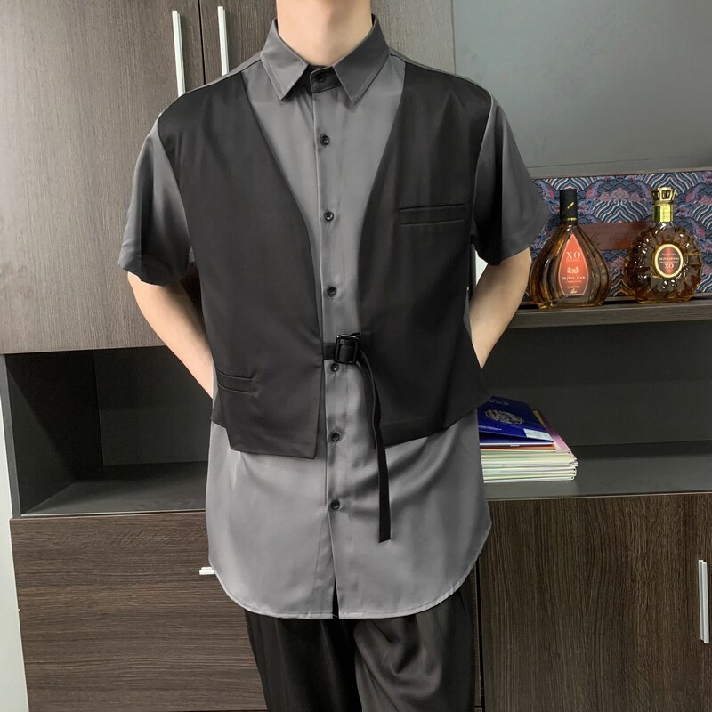 714-H3012P55控69/2025夏季发型师酒吧餐厅衬衫宽松假两件工作服,男装衬衫,星座714(原C313)