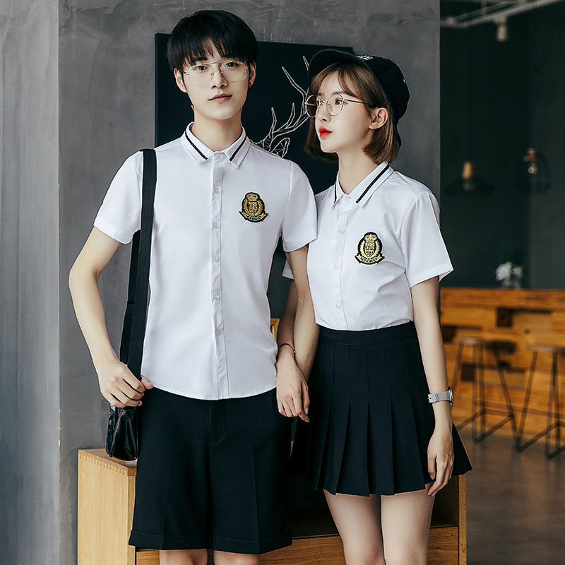 Y820/2025情侣装韩版时尚徽章衬衫学生装班服校服短袖衬衣团体P40,男装T恤,星座714(原C313)
