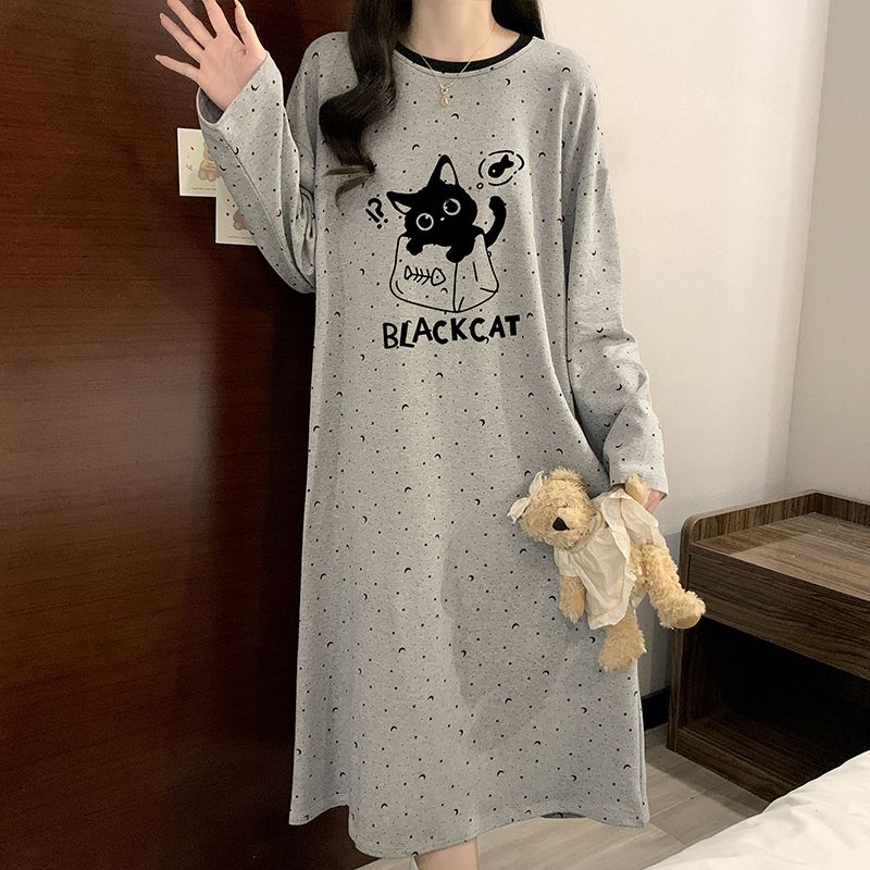 春秋季新款睡裙女款中长款长袖纯棉大码纯色孕妇睡衣秋冬家居服