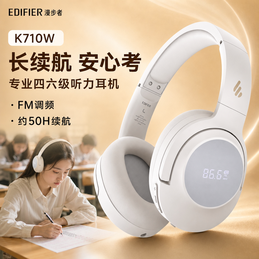 漫步者调频耳机四六级专用FM大学英语考试听力口语长续航蓝牙头戴