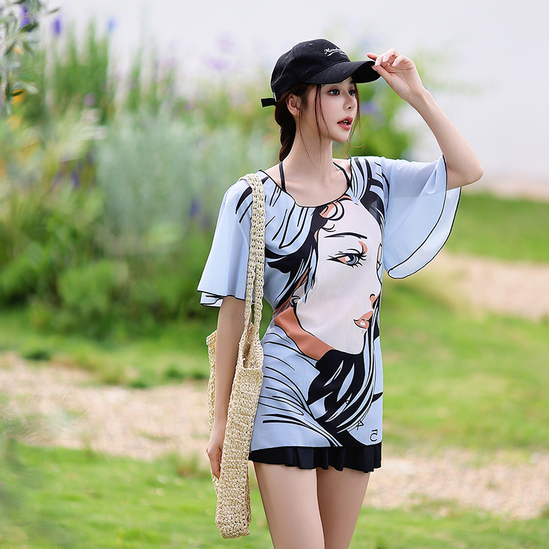 时尚分体运动大码泳衣女2025新款胖mm遮肚显瘦学生保守三件套罩衫