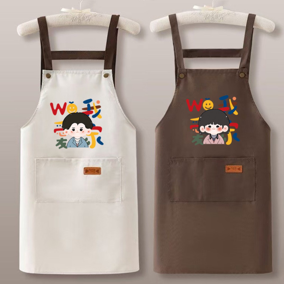 四季通用卡通印花帆布围裙厨房家用可爱背带式防污工作服男女通用