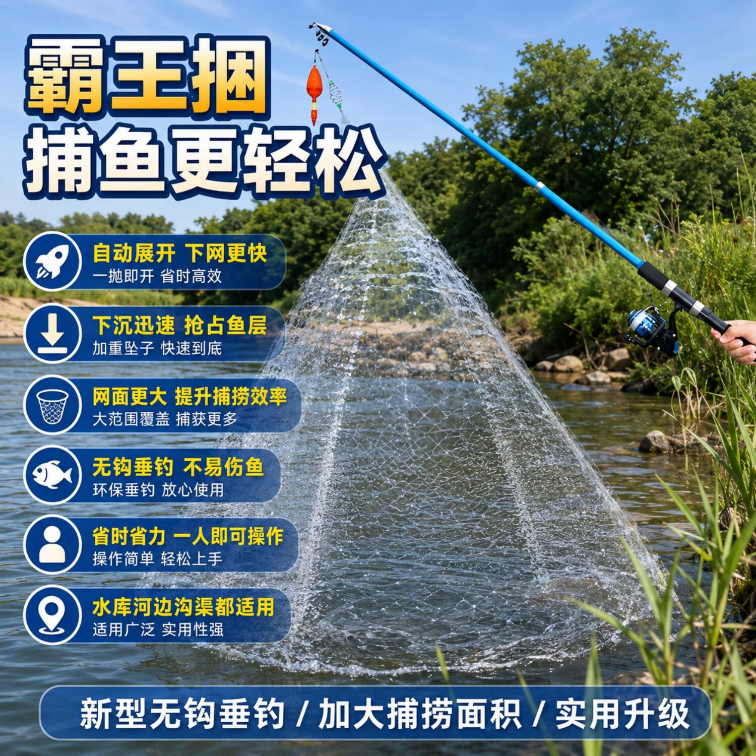 霸王捆爆炸网捕鱼网无钩钓鱼神器撒网白条粘鱼网丝网手抛网小龙虾