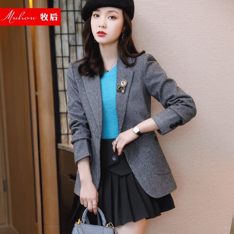 职业装长袖西装外套女时尚修身气质女装上衣千格鸟小西服秋季新款