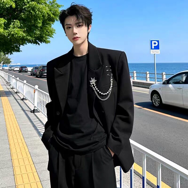 2026春季新款韩国定制设计感别针宽松男士垫肩休闲西服套装男