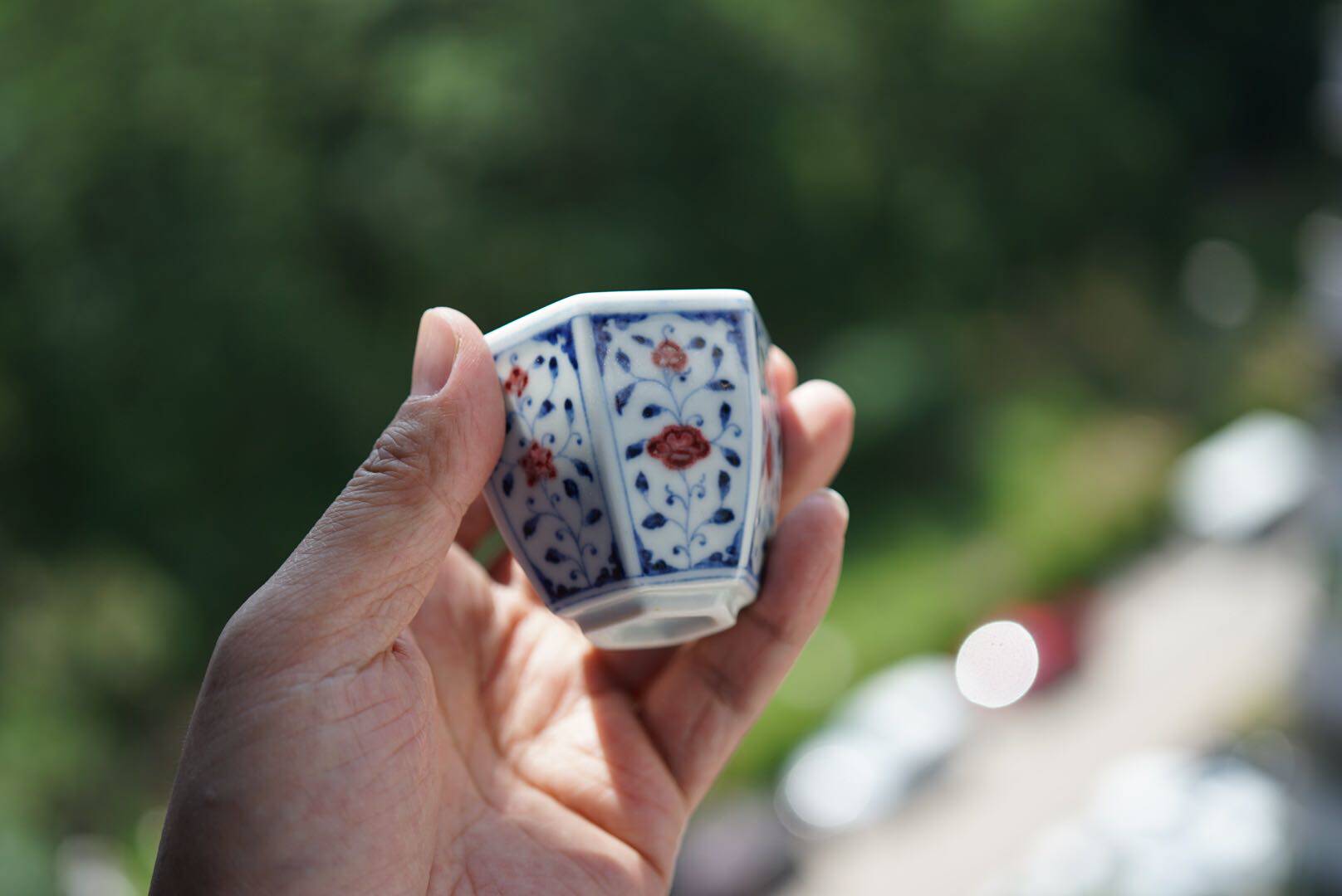 【屹风堂】青如堂 全手工 青花釉里红 缠枝莲 开窗 镶器 六方杯