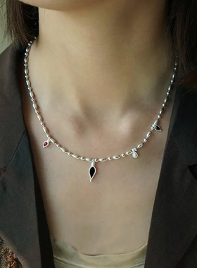 红黑玛瑶吊坠项链小众设计锁骨链