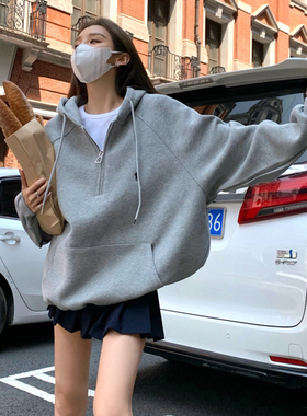 美式复古灰色连帽卫衣女春秋时尚洋气大版宽松半拉链帽衫加绒外套