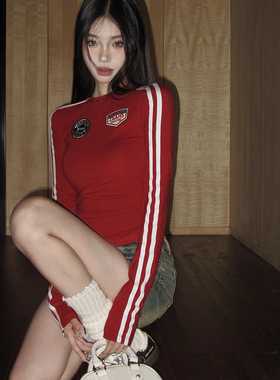 美式辣妹红色条纹长袖T恤女春秋内搭打底衫收腰显瘦紧身短款上衣