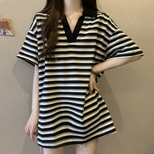 黑白条纹V领短袖T恤女夏装欧货大版设计感休闲百搭宽松中长款上衣