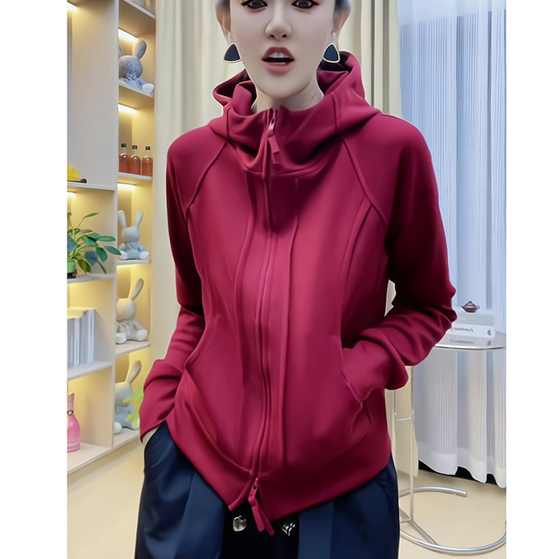 红色双拉链连帽卫衣女春秋季韩版小众设计感休闲小个子开衫外套