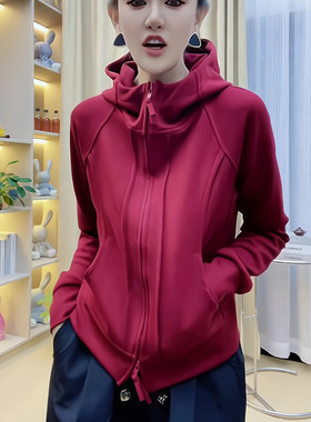 红色双拉链连帽卫衣女春秋季韩版小众设计感休闲小个子开衫外套