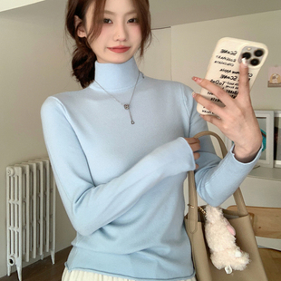半高领蓝色打底衫 气质百搭上衣 女春秋韩系温柔风软糯内搭长袖 修身