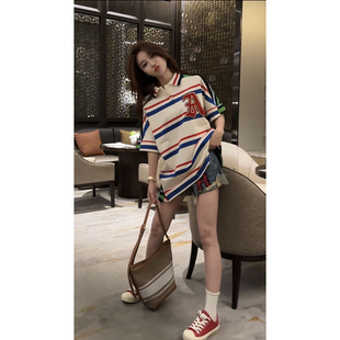 百搭上衣 Polo领条纹短袖 T恤女夏季 学院风可盐可甜大码 宽松中长款