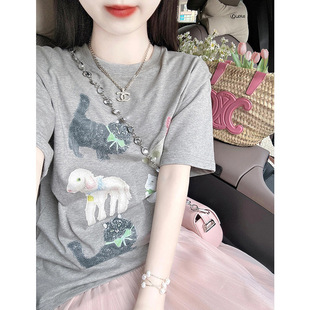 可爱趣味动物印花短袖t恤女夏季时尚中长款宽松小众设计感上衣