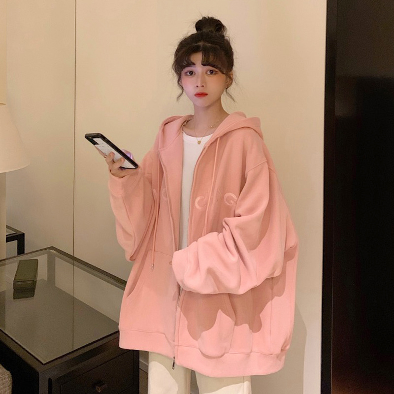 粉色慵懒风卫衣女秋冬加绒韩版宽松时尚百搭中长款开衫连帽外套