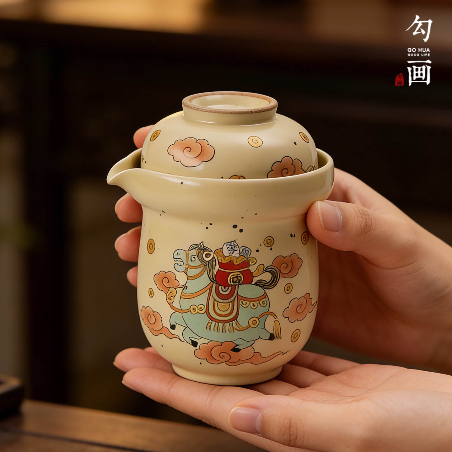 马上发财手绘旅行茶具装套生肖马一壶一杯一人饮茶具旅游茶壶茶杯