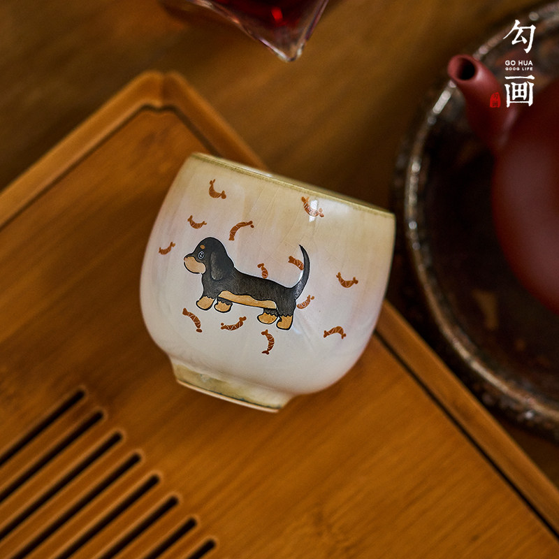 纯手工手绘腊肠狗茶杯主人杯
