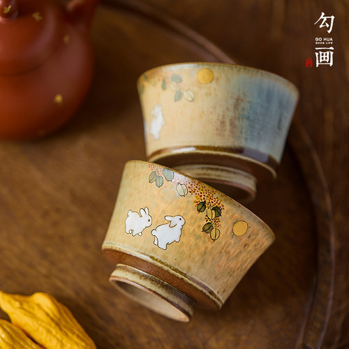 勾画茶器陶瓷手绘桂花兔子茶杯