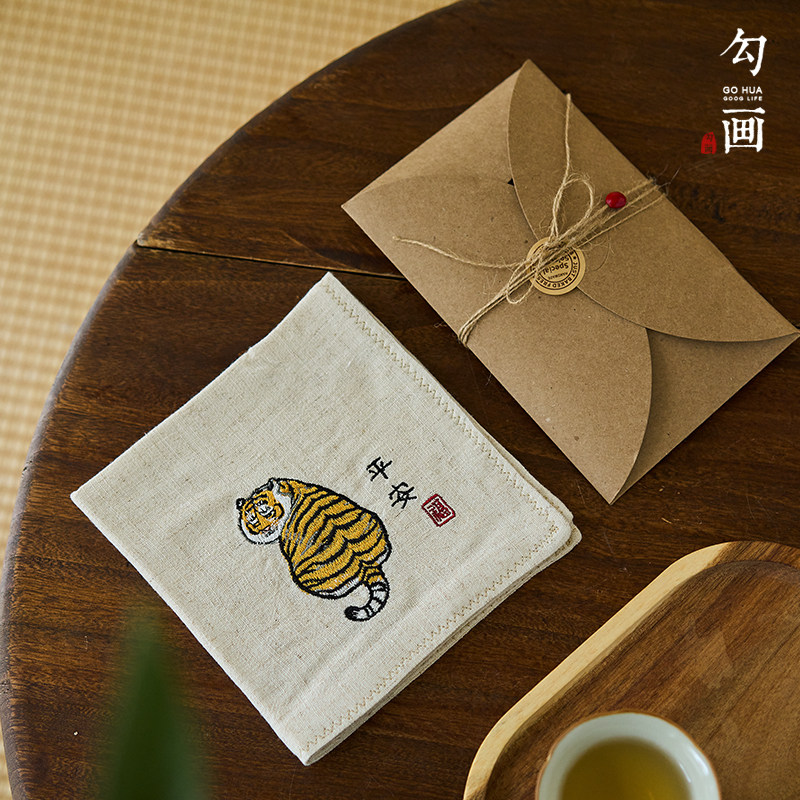 新中式国潮可爱熊猫老虎刺绣棉麻功夫茶巾手帕加厚茶壶隔热垫抹布