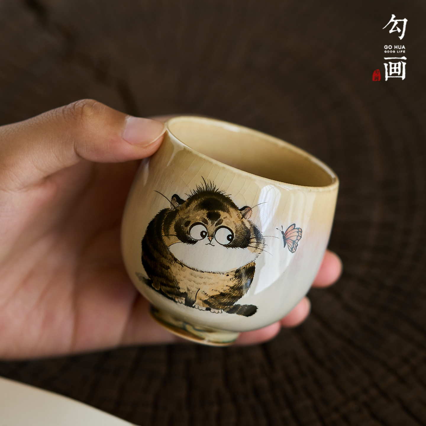勾画景德镇全手工手绘陶瓷可爱猫咪布偶猫窑变功夫茶杯品茗主人杯