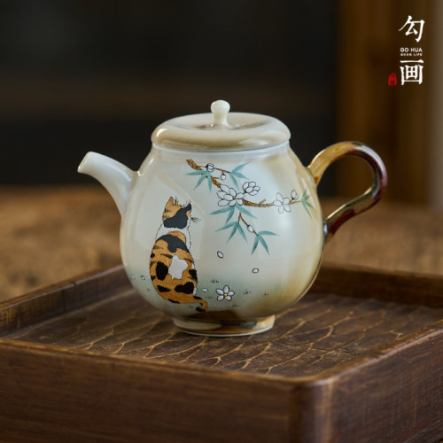 勾画手绘橘猫茶壶可爱家用茶具