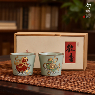 马踏祥云描金汝窑生肖马茶杯景德镇手绘功夫主人杯单杯个人品茗杯