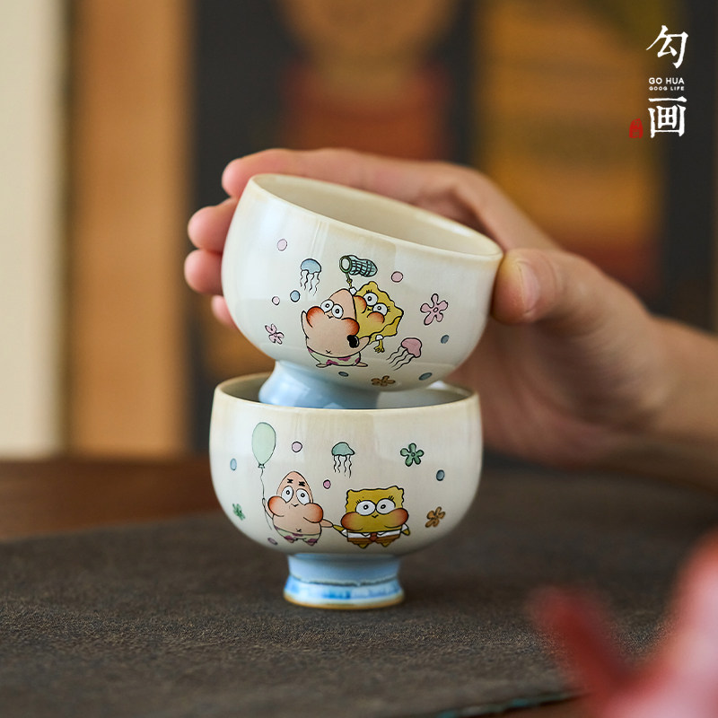 纯手工手绘海绵宝宝功夫茶杯主人杯景德镇陶瓷可爱茶具派大星单杯