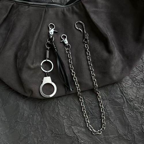 CGYYDS自主复古做旧手铐枪黑真皮绳 重工裤链腰间挂饰百搭潮流
