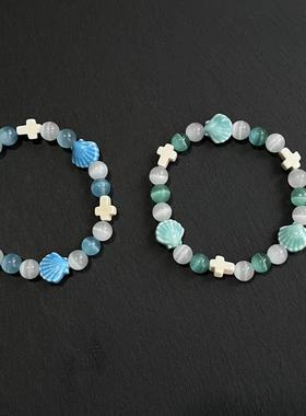 CGYYDS夏日蓝天湖水碧波陶瓷贝壳猫眼石手串INS风手链情侣闺蜜