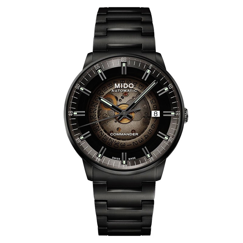 瑞士美度手表指挥官系列经典渐变半透款自动机械黑盘钢带男士表