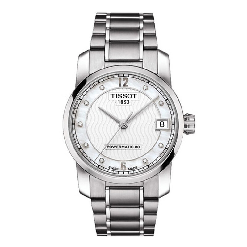 瑞士天梭轻薄大表盘钛金属机械贝母镶钻日历女士手表送礼物腕表