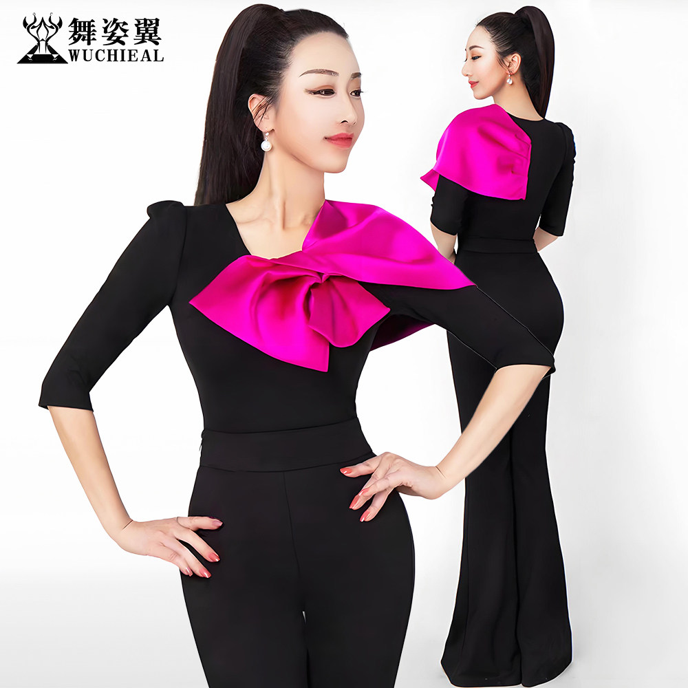 舞姿翼形体服黑色罗马棉V领套装