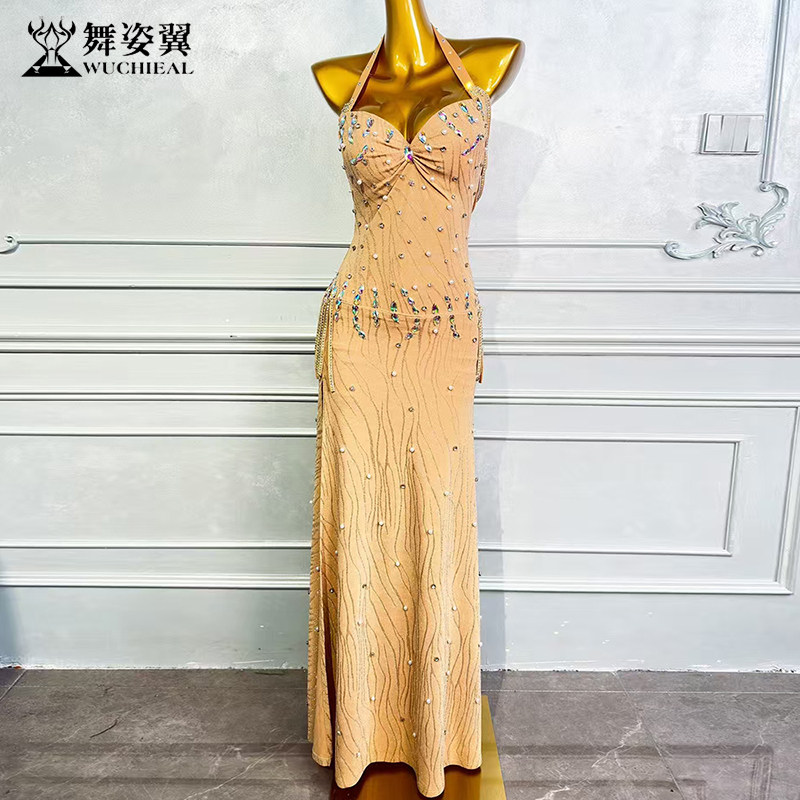 舞姿翼演出服珍珠烫钻吊带连体裙