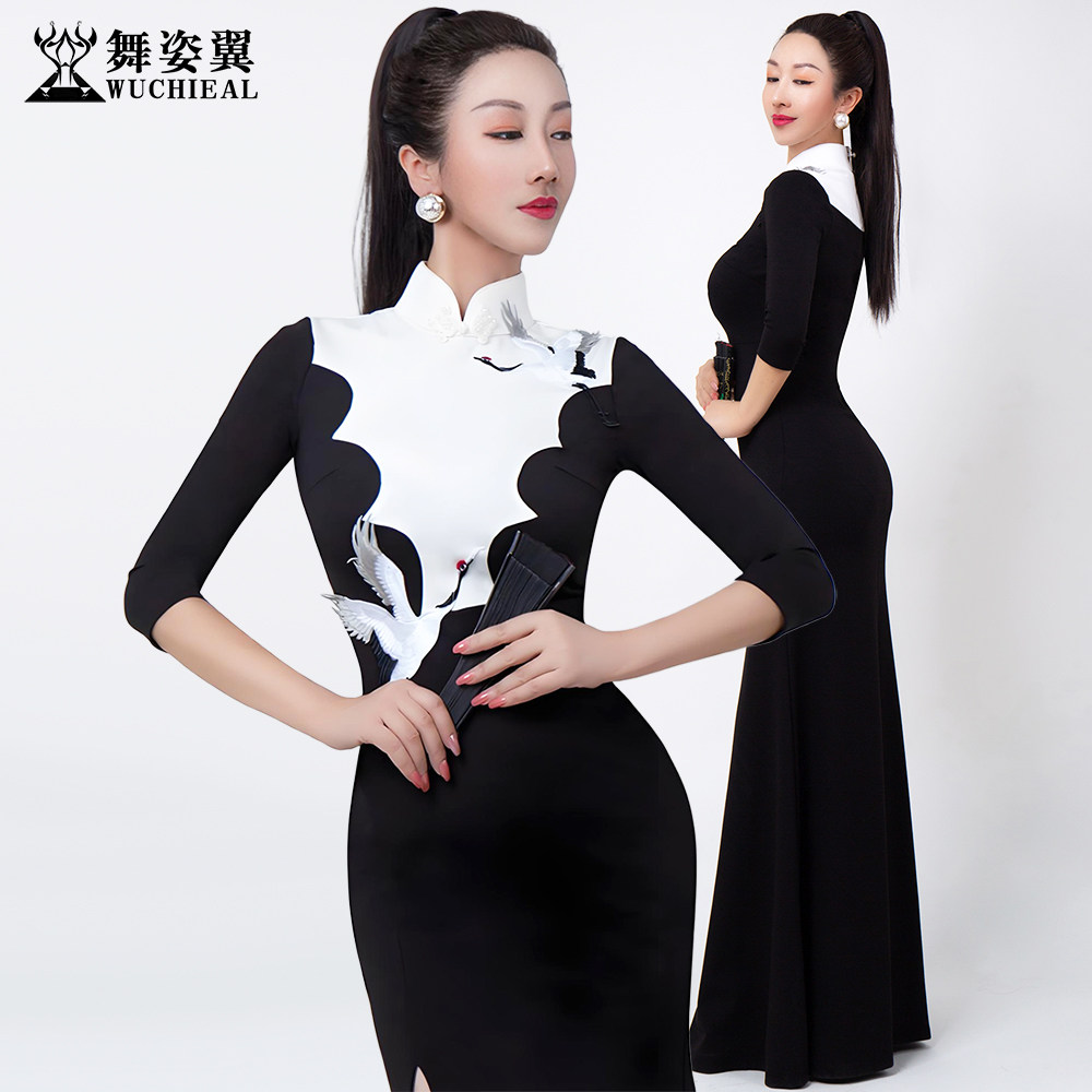 舞姿翼形体服罗马棉旗袍连衣裙