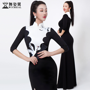 舞姿翼修身形体礼仪走秀训练服优雅黑白罗马棉中袖改良旗袍连衣裙