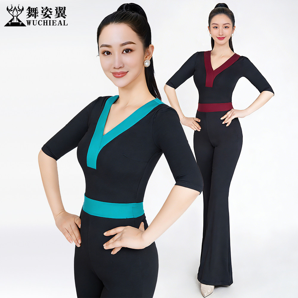 舞姿翼修身形体衣礼仪走秀训练服黑色牛奶丝v领中袖上衣裤子套装