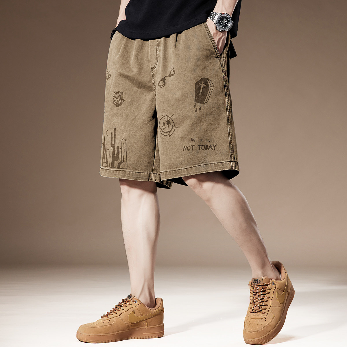 日系复古涂鸦短裤重磅工装五分裤