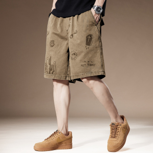 高端日系复古涂鸦短裤男夏季重磅水洗纯棉宽松休闲工装五分裤子男