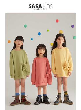 SASAKIDS定制女童蠢萌兔子套头卫衣中长款秋冬休闲魔术贴纯棉卫衣