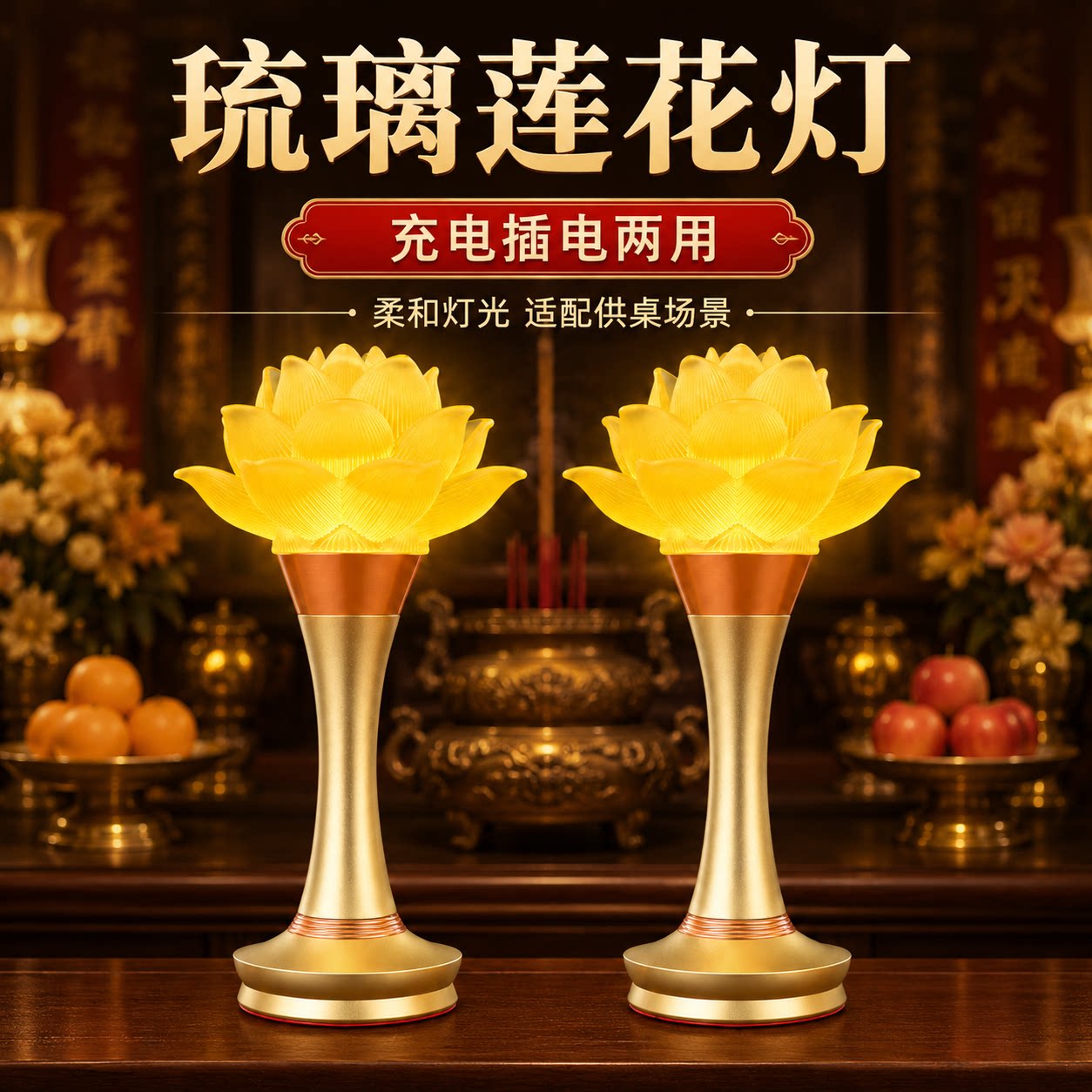 琉璃莲花灯省电供灯家用可调色LED长明灯充电合金观音电子蜡烛灯