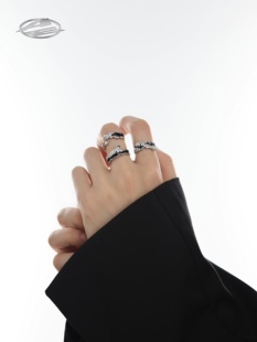 ARGUE AE小众熔岩黑色宝石开口戒指几何不规则设计食戒朋克手饰潮