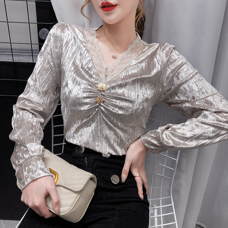 2020秋季新款丝绒打底衫女淑女气质内搭小衫长袖性感v领蕾丝上衣
