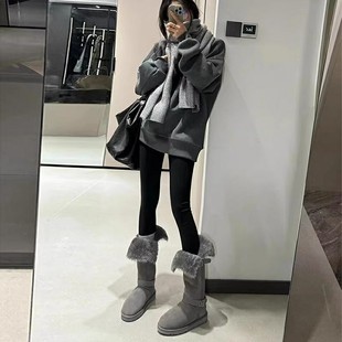 保暖高筒靴子 厚底中筒加绒东北棉鞋 灰色长筒雪地靴女2025冬季 新款