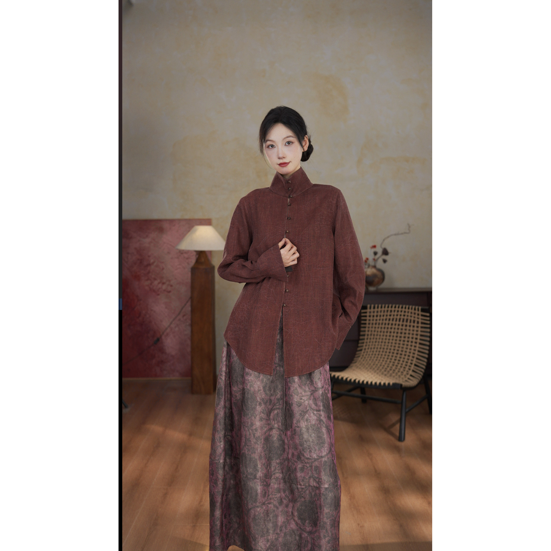 【木槿】100%桑蚕丝香云纱设计师款女士休闲夏季长袖衬衫20655308